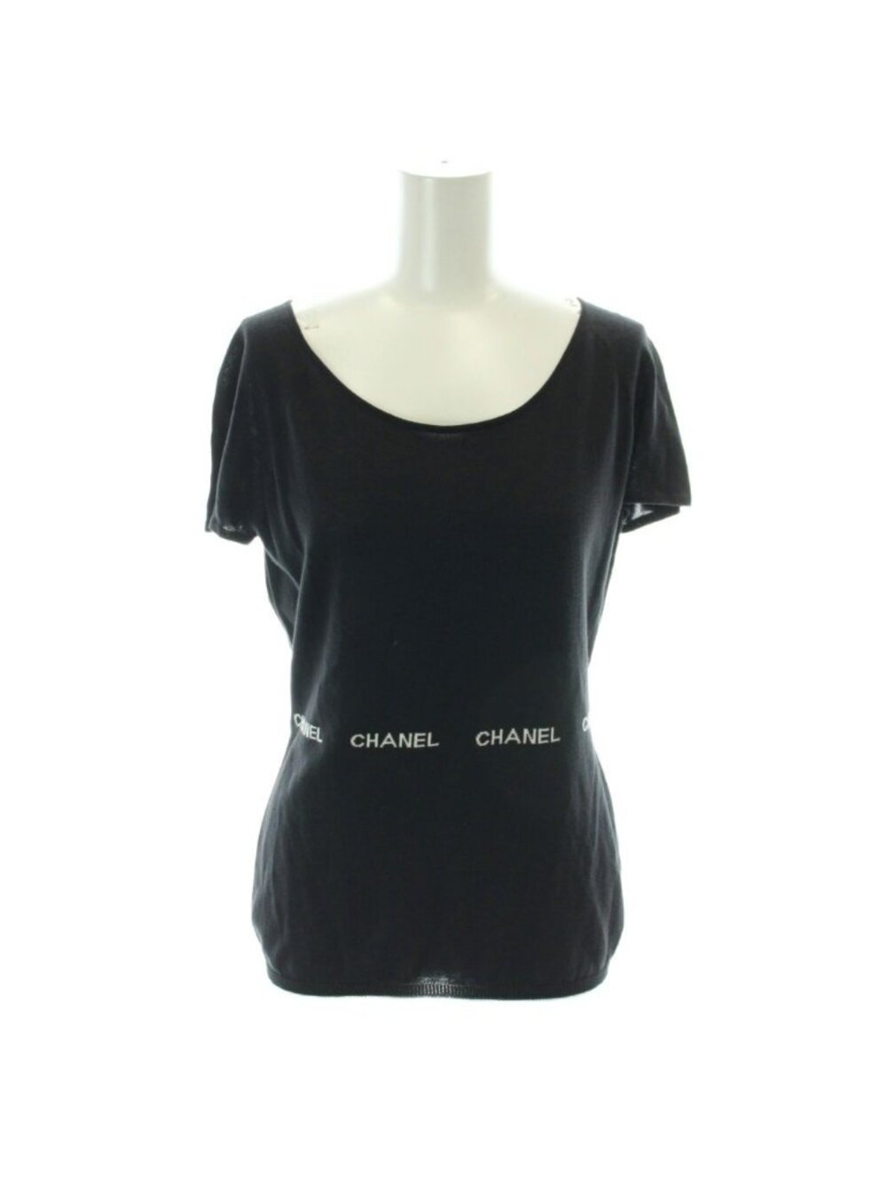 Chanel Knit Short Sleeve Cotton Logo Black Sweater 42